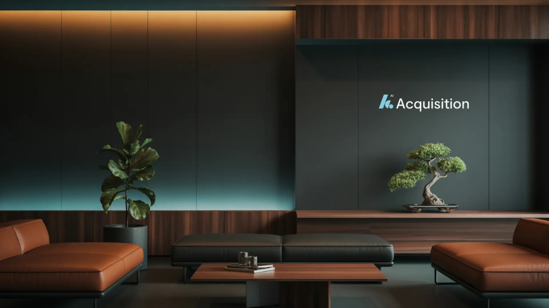 Dark Lounge — Tan Accents AI Acquisition virtual background